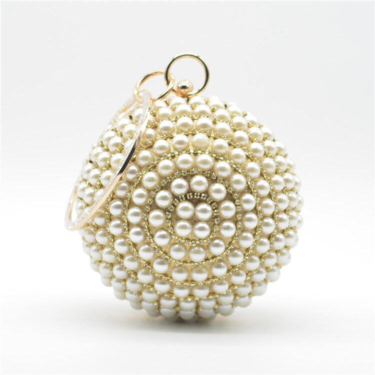 Bolso de noche con cuentas de perlas de color rojo, azul, negro, marfil, anillo grande, bolsos para mujer, graduación, boda, con perla para novia, bolso de maquillaje de europea: Dorado
