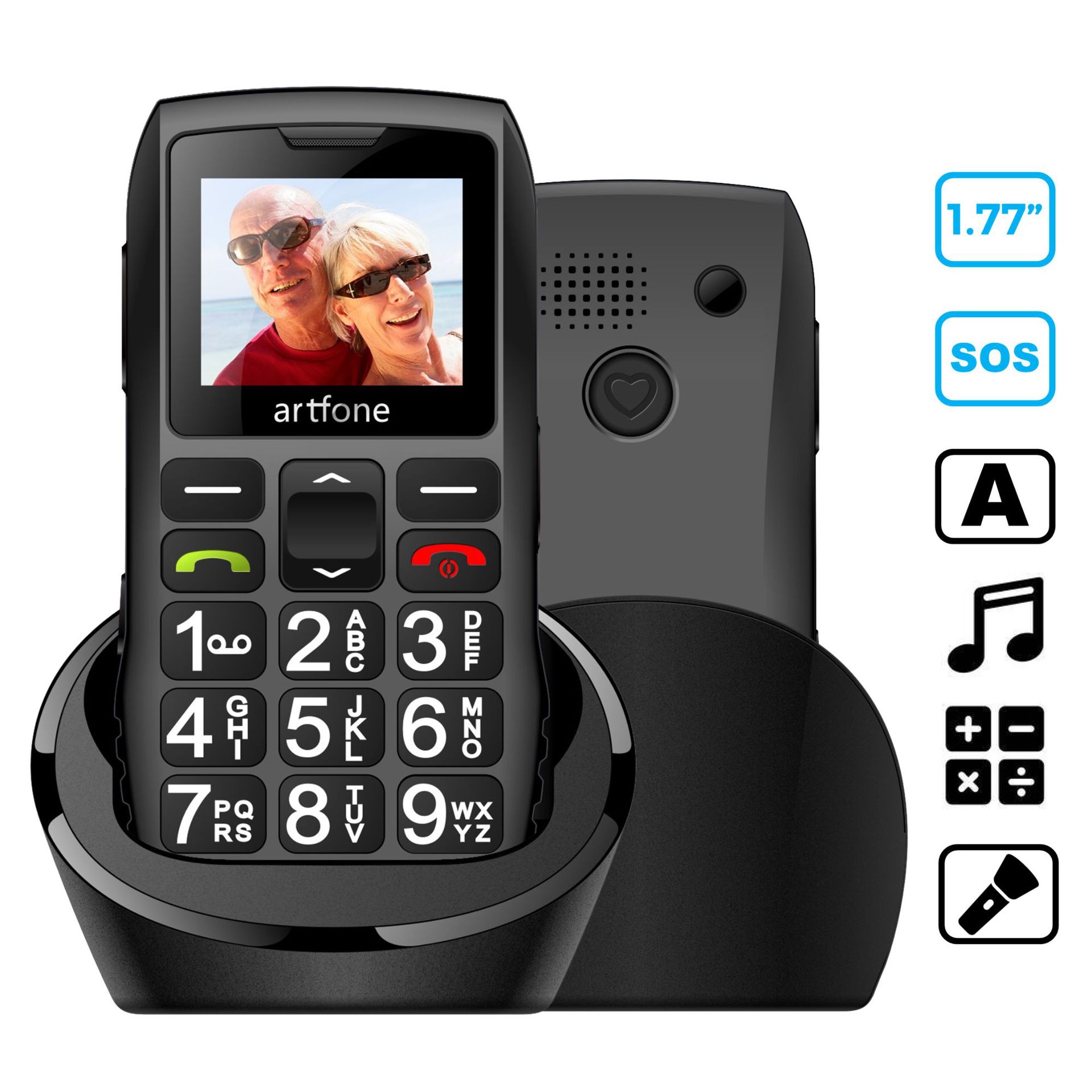 Barra de teléfono móvil para personas mayores Artfone C1 + con base de carga gratuita, teclado de goma grande para personas mayores, doble Sim, una tecla, SOS, FM, 1400mAh