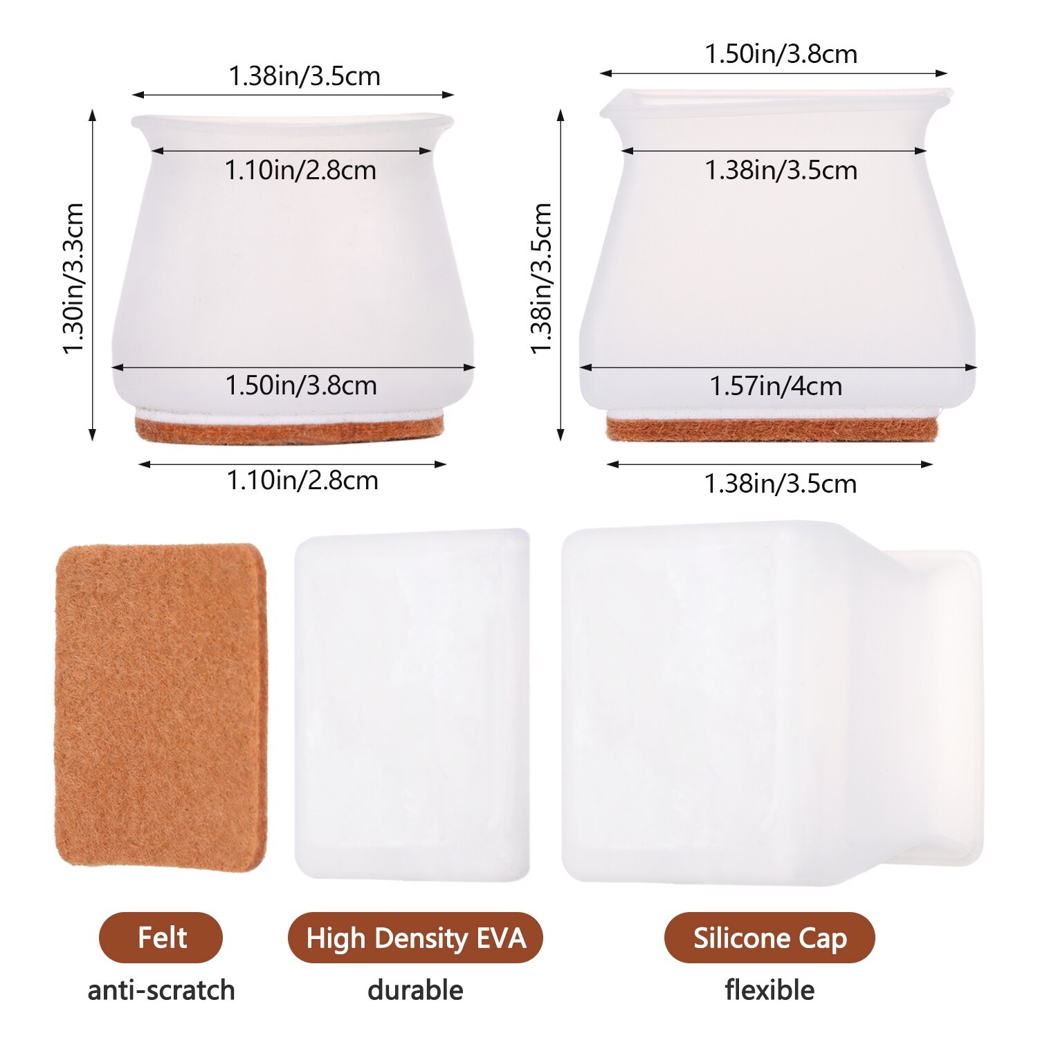4 Pcs Silicone Round/Square Chair Table Foot Cover Protector Caps with Felt Bottom Furniture Anti-slip Mute Solid Pad
