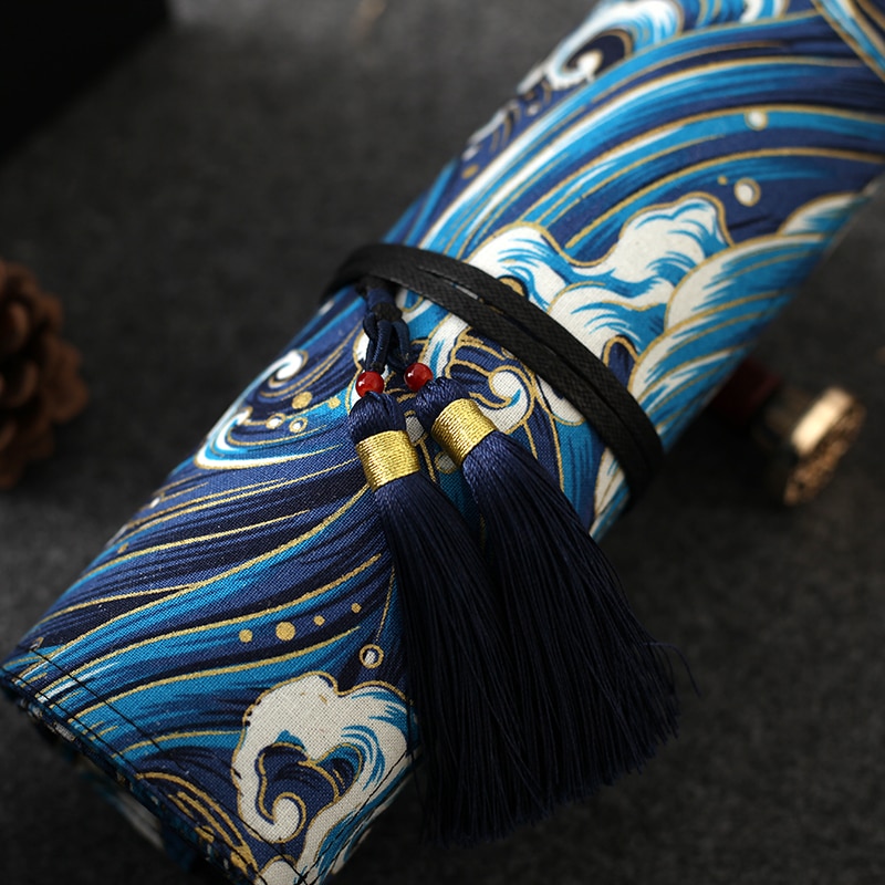 7.5 inch Antiquity Pencil Case Pen Wrap Double Tassel Ocean Wave Printing Sea Cliff Coffee Flower 4/7/10 Slots Clear Pattern