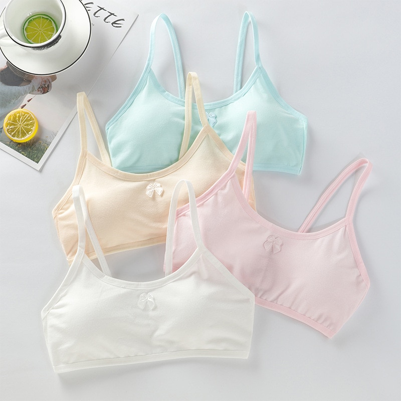 5PCS Solid color Cotton Spandex Teen bra girl vest for 8-18 Years Adolescente Kids Underwear Training with Chest Pad cute tops