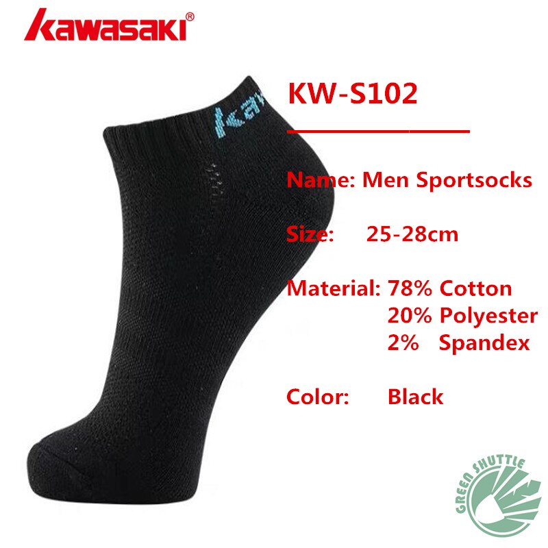 Chaussettes de badminton kawasaki authentiques pour hommes et femmes, absorbant la transpiration et respirantes pour le sport: Kw -s102- noir