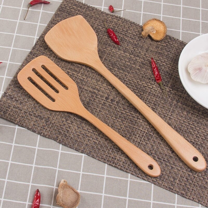 Utensilios de cocina de madera, juego de utensilios de cocina, cuchara de madera Natural, espátula, arroz, sopa, duraderos, sin costuras, antiadherente
