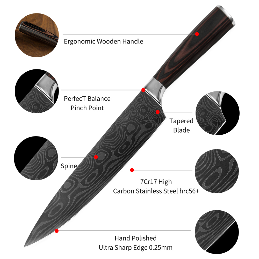 Japanse Keuken Mes Set Mes Covers Uitbenen Brood Eviscerate Gesneden Fruit Scherpe Nut Santoku Damascus Patroon Koken