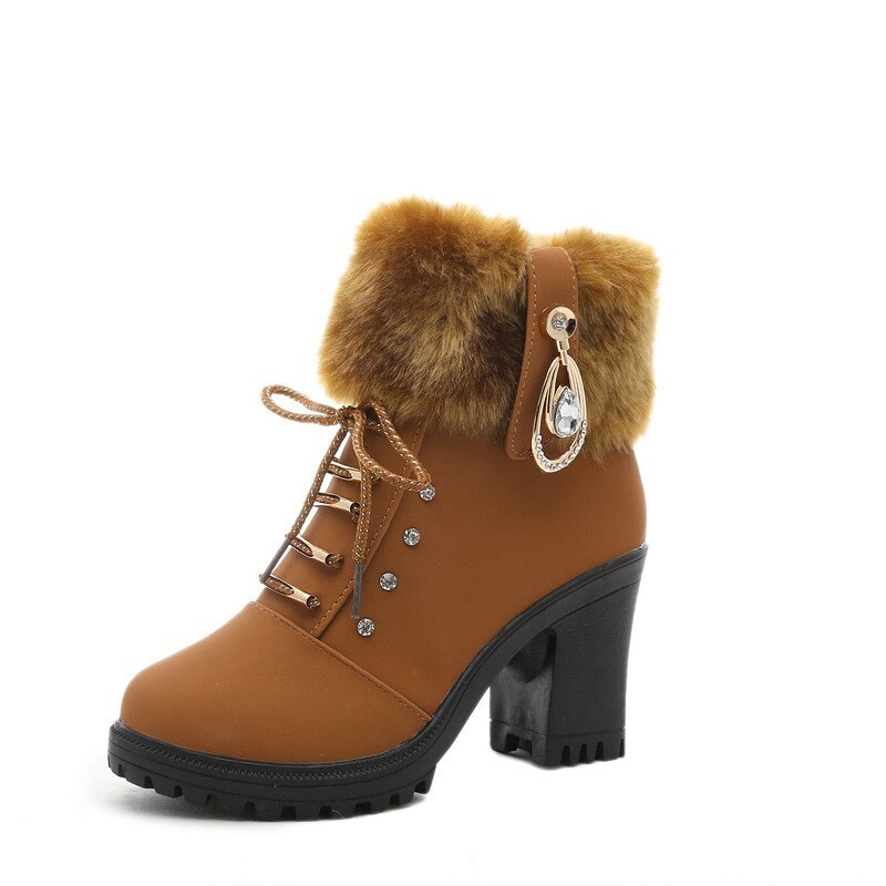 Chaussures d'hiver à talons hauts femmes bottes d'hiver femmes bottes à talons hauts en peluche chaussures de fourrure chaude dames cheville Botas cristal: Orange / 6