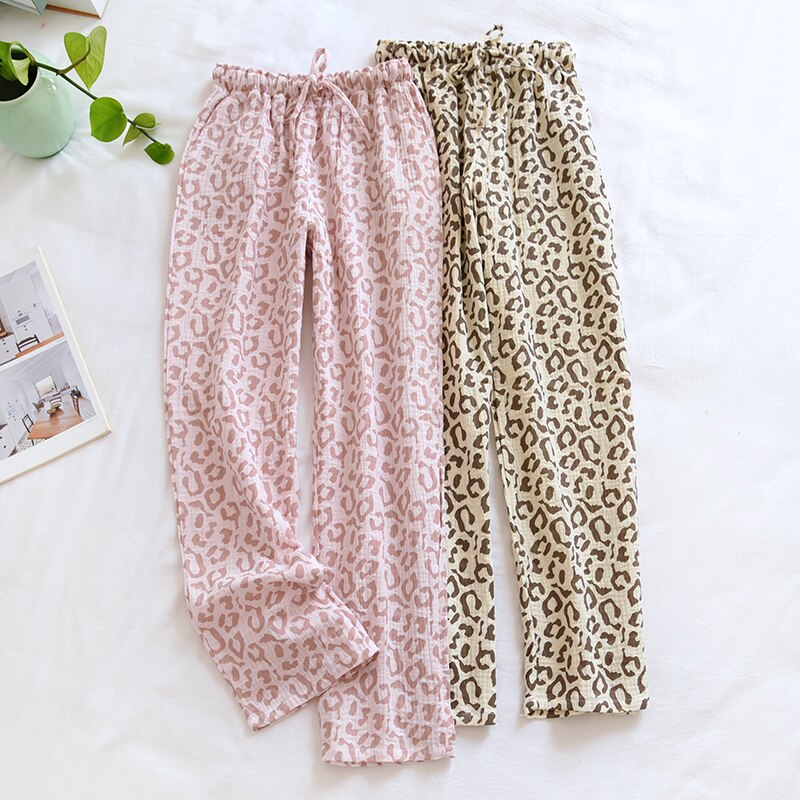 Japanese leopard print cotton pajamas women summer thin double layer gauze casual home trousers spring and autumn sleep bottoms