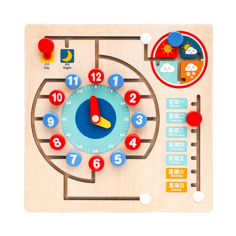 Kinderen Houten Klok Doolhof Onderwijs Aid Kalender Digitale Weer Multifunctionele Vroege Onderwijs Educatief Speelgoed