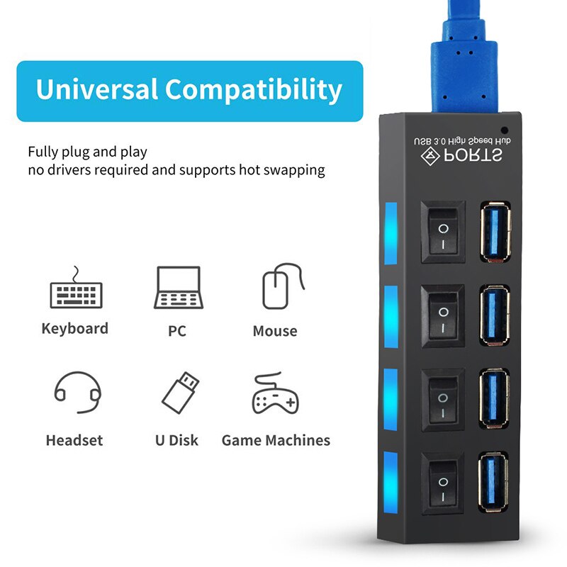 4 portar usb-nav 3.0 äkta usb 3.0- nav höghastighets usb-splitteromvandlare med separat switch usb-adapter 7- portars pc-förlängare