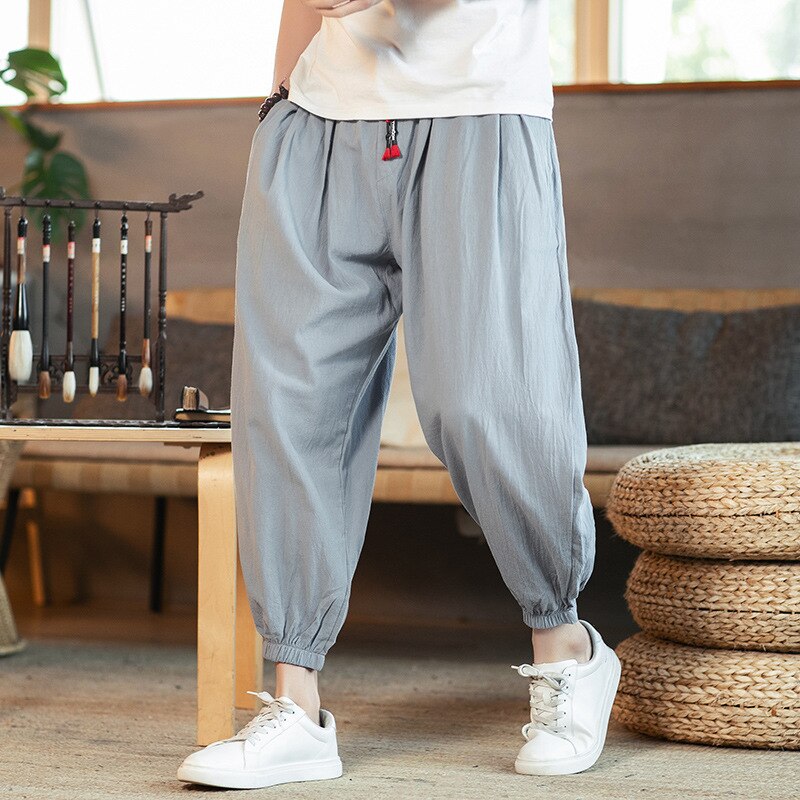 Plus size herre bomuldslinned løse afslappede bukser capri-bukser kung fu uniform kampsport herre cropped bukser artes marciales 5xl