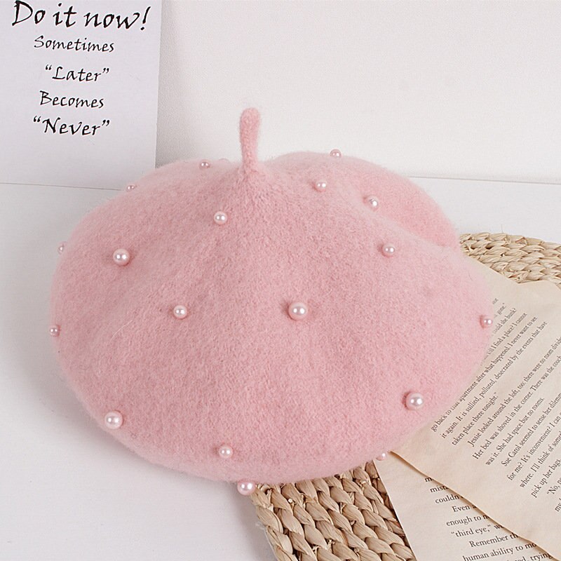 Crianças da criança menina boina de lã chapéu outono inverno quente clássico estilo francês frisado pérola gorro boné moda infantil para 2-8y
