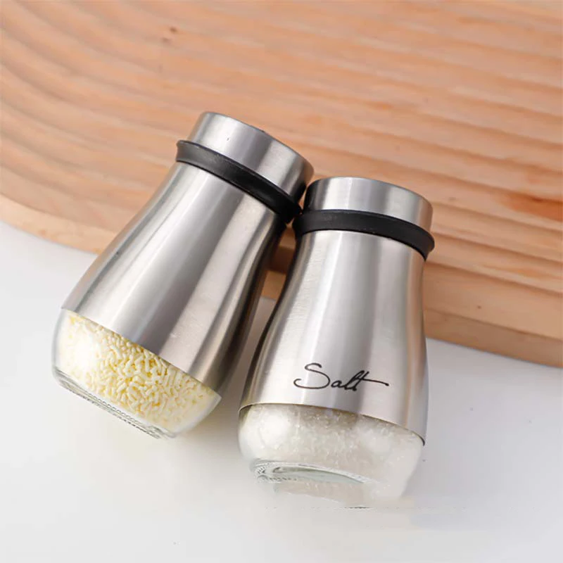 Salt and Pepper Seasoning Shaker Stainless Steel Glass Bottom Spice Dispenser Pepper Shaker BBQ Set Kitchen Gadgets