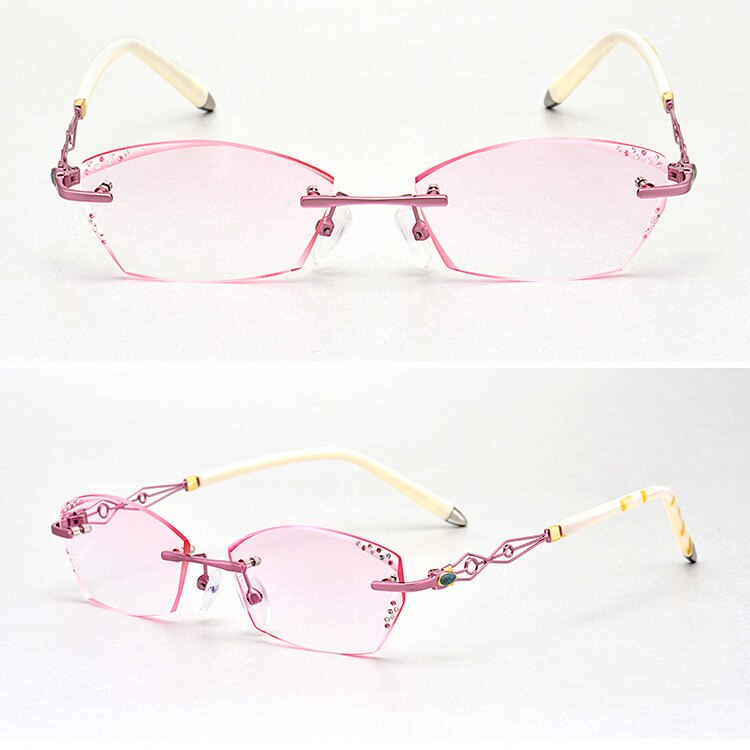 Ladies Prescription Glasses Myopia Hyperopia Custom Glasses Frameless Diamond Coloured Glasses Radiation Proof Optical Glasses 1: Pink