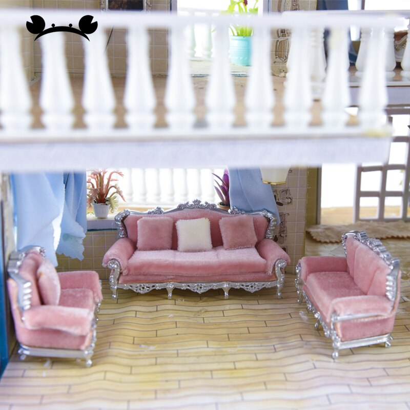 Simulación de sofá de estilo europeo, juego de almohada, muebles, mesa de arena, escena, decoración, modelo, accesorio de construcción, 1:25