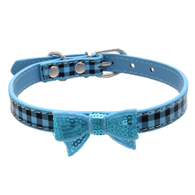 Transer Hond Levert Leuke Pu Leer Plaid Huisdieren Halsband Met Pailletten Strik Voor Kleine Honden 80124: blue / M