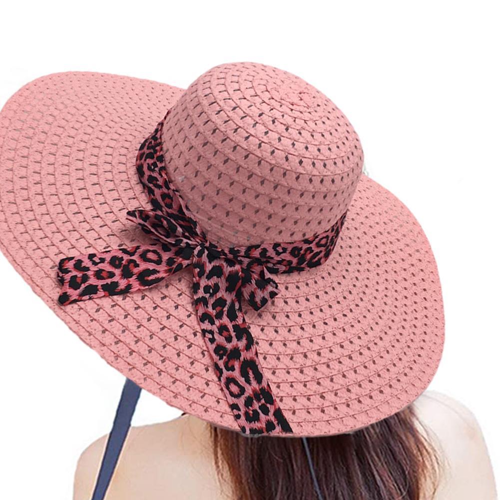 Chapeaux de Protection solaire pour femmes, couvre-chef de plage en paille fait à la main, style Boho décontracté, nœud papillon léopard, à large bord, été,