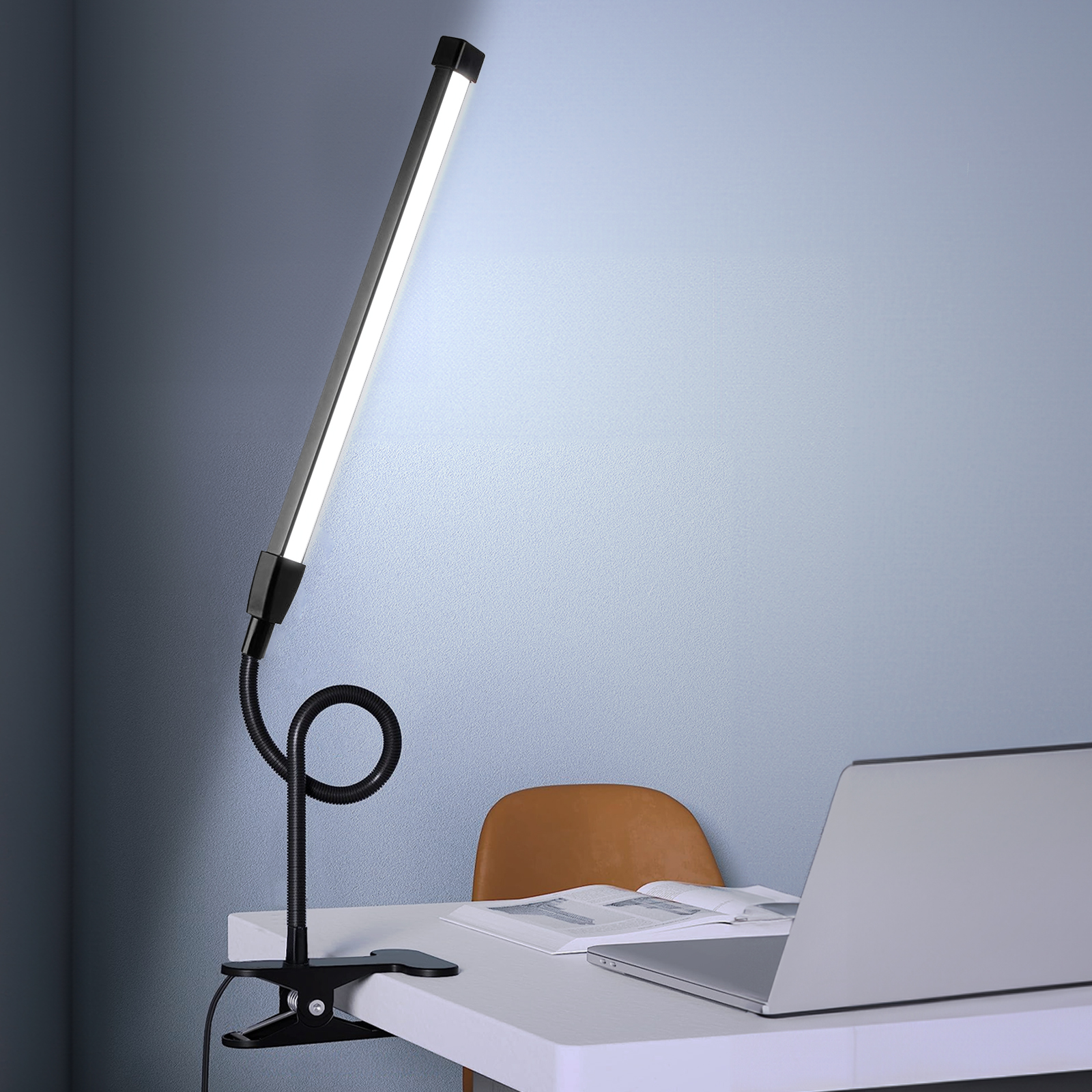 B LED-Schreibtischlampe mit Klemme, augenschonende Clip-an-Leuchten für das Heimbüro, 3 Modi, 10 Helligkeiten, langer, flexibler Schwanenhals, Metall: Schwarz