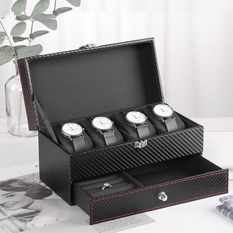 4 Grids Double Layer Watch Box Carbon Fiber PU Watch Case Boxes Holder Organizer Jewelry Box for Wedding Decoration Best