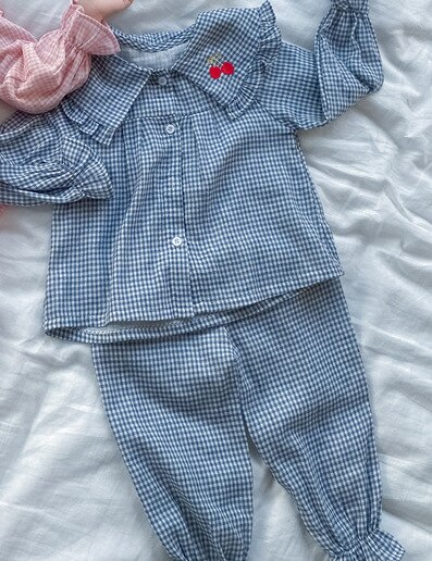 Herfst Vallen Kleding Voor Kids Baby Meisje Pyjama Set Geborduurd Cherry Katoen Thuis Peuter Nachtkleding Nachtkleding 1 Tot 8 jr: Blue Plaid Cherry / 2T (90cm)