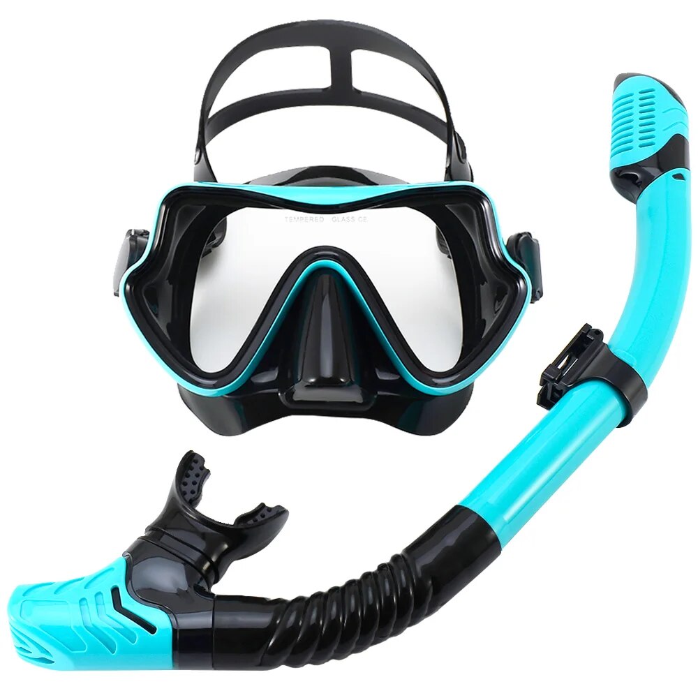 Tauchmaske Schnorchelset für Erwachsene, gehärtetes Glas, professionelle Panorama-Schnorchelausrügestochen, Schwimmtraining, Schnorchelset: Grün