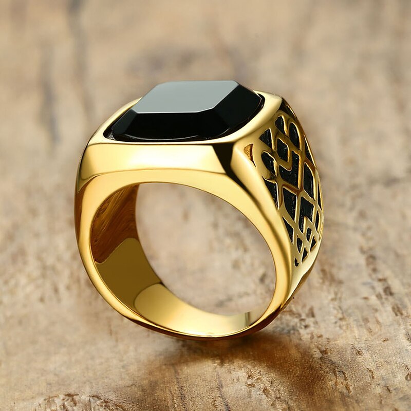 Mannen Vierkante Zwarte Carneool Halfedelsteen Signet Ring In Gold Tone Roestvrij Staal Voor Mannelijke Sieraden Anillos Accessoires