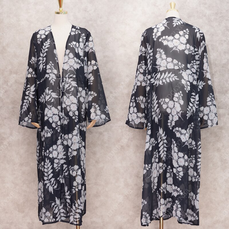 Bikini cover-ups boho printet lang kimono cardigan plus size hvid sort chiffon tunika dame strand wear badedragt cover up  a225