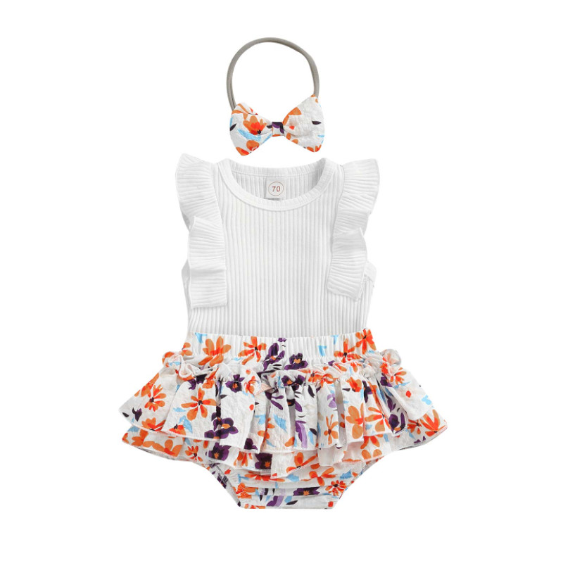 Baby Meisje Zomer Rompertjes Set Peuter Ruches Mouwloze Jumpsuit En Bloemenprint Shorts Hoofdband: 1 / 12-18 Months