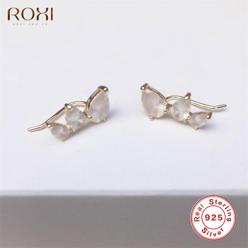 ROXI Boho Flower Ear Climber Tiny Water Stone Stud Earrings For Women Bijoux Ear Crawlers 925 Sterling Silver Earrings