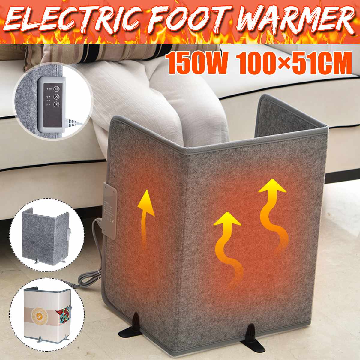 220V 150W Folding Electric Foot Warmer Heater Adjustable Under Desk Heating Pad with Blanket and Brackets 100x51cm
