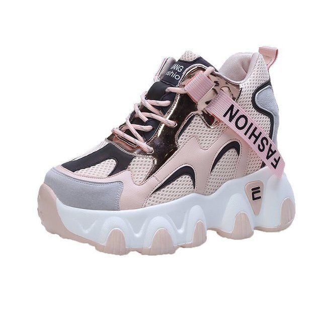 Women Platform Chunky Sneakers Mesh Designers Lace Up Shoes Woman Autumn 8cm High Vulcanized Shoes Ladies 34-39: Pink / 5.5