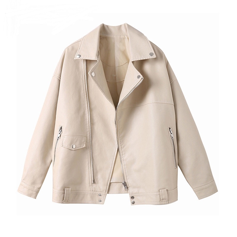 Goohojio Beige Pu Jassen Vrouwen Herfst Faux Lederen Bovenkleding Casual Oversized Motorfiets Biker Leren Jas Vrouwelijke