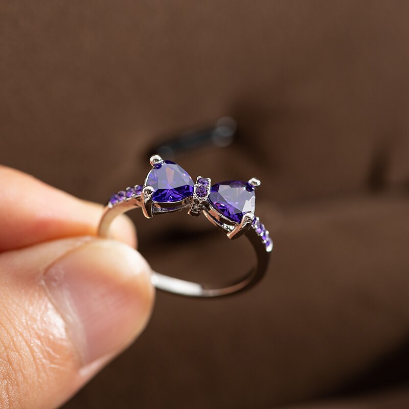 Anillos de boda de circonia púrpura para mujer, sortijas de lazo de cristal de lujo, joyería de compromiso, de para niña