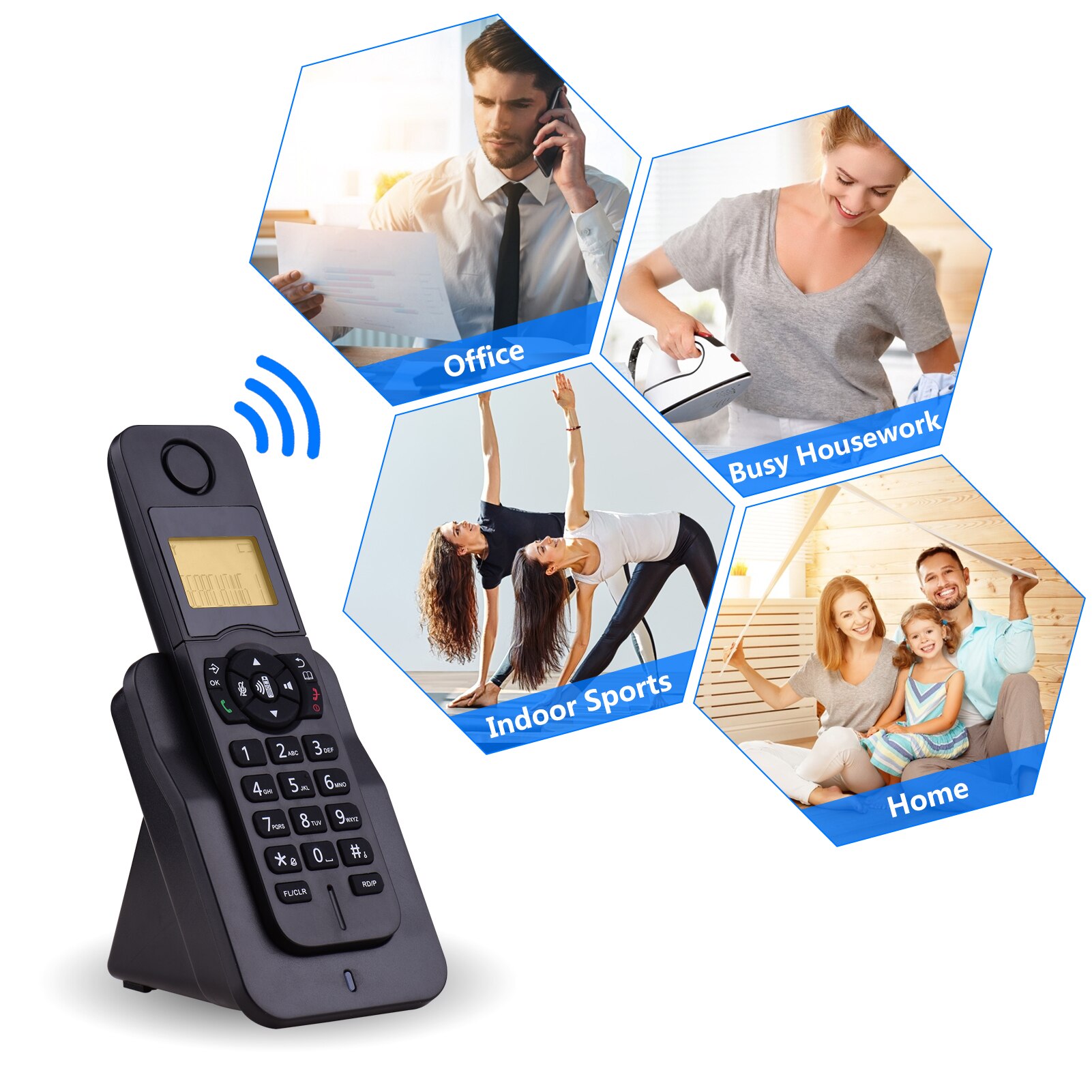 Téléphone portable sans fil extensible avec écran LCD, identification de l'appelant, appels mains libres, conférence téléphonique, 16 langues, pour le bureau et la maison