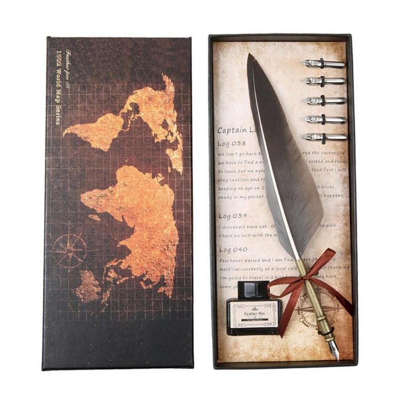 1set Retro Vintage Calligraphy Feather Dip Pen Writing Ink Set Stationery Quill Fountain Pens Vintage Pen: Type B Grey