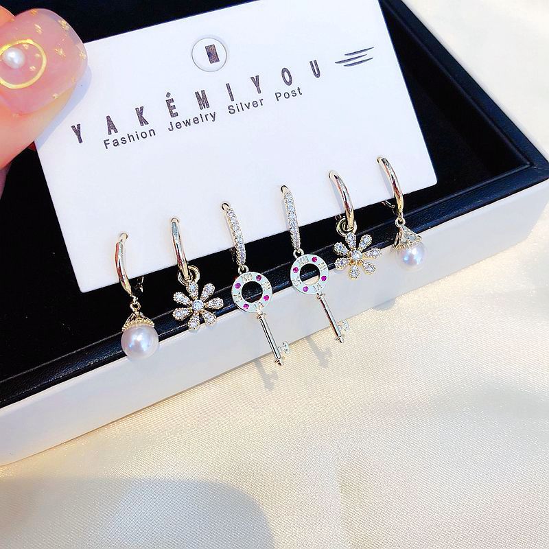 Pearl And Key And Flower Sets Hoop Earrings Sets For Women Gold Color 6-piece Earring Jewellery Accessories