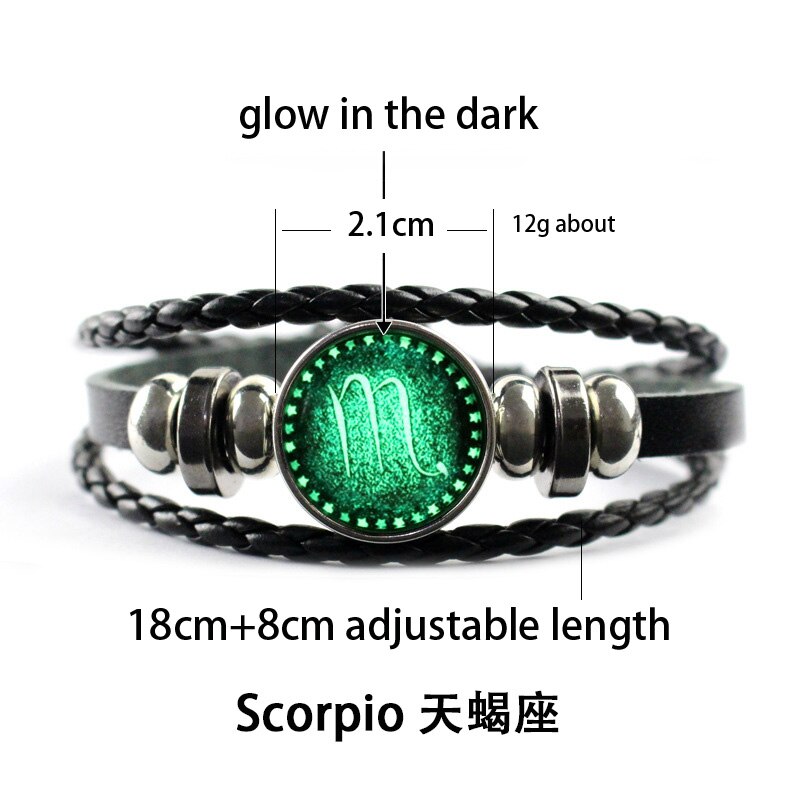 Luminous 12 Constellation Glow In The Dark Bracelet Men Leather Glowing Night Fluorescence Charm Bracelets for Halloween: Scorpio