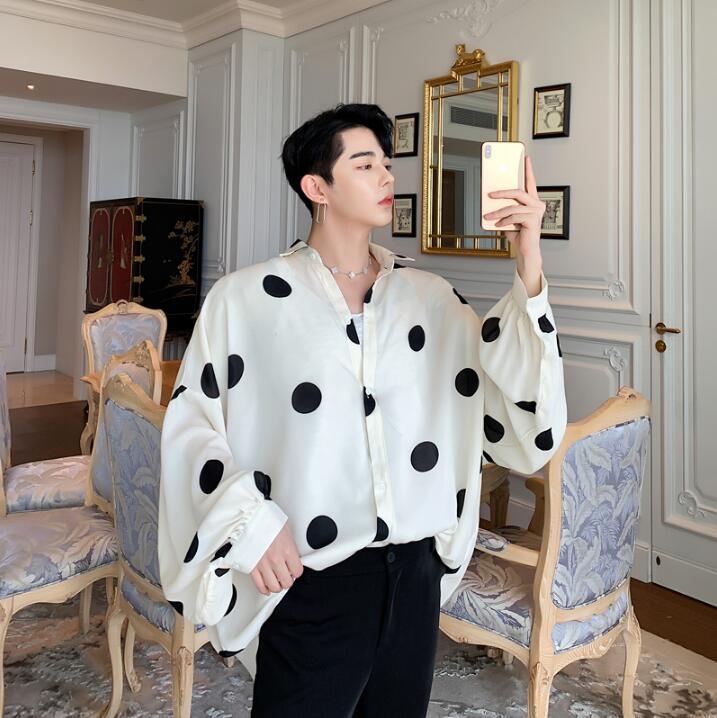 Men Vintage Dot Print Loose Bat Long Sleeve Casual Dress Shirts Male Women Streetwear Hip Hop Oversize Stage Show Shirt Lovers