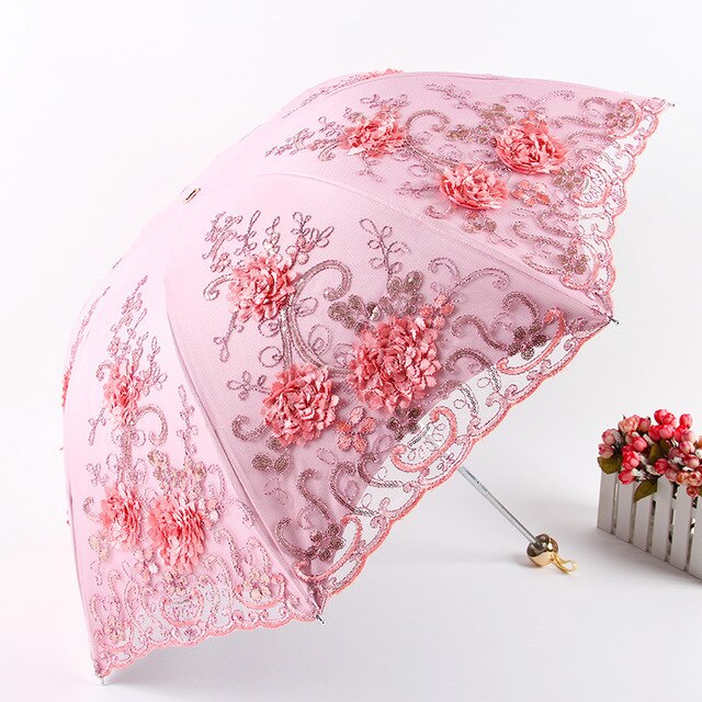 Blomster broderi blonder regn parasol til kvinder bærbar 3- fold uv dobbeltlags paraply udsøgt parasol til kvinde