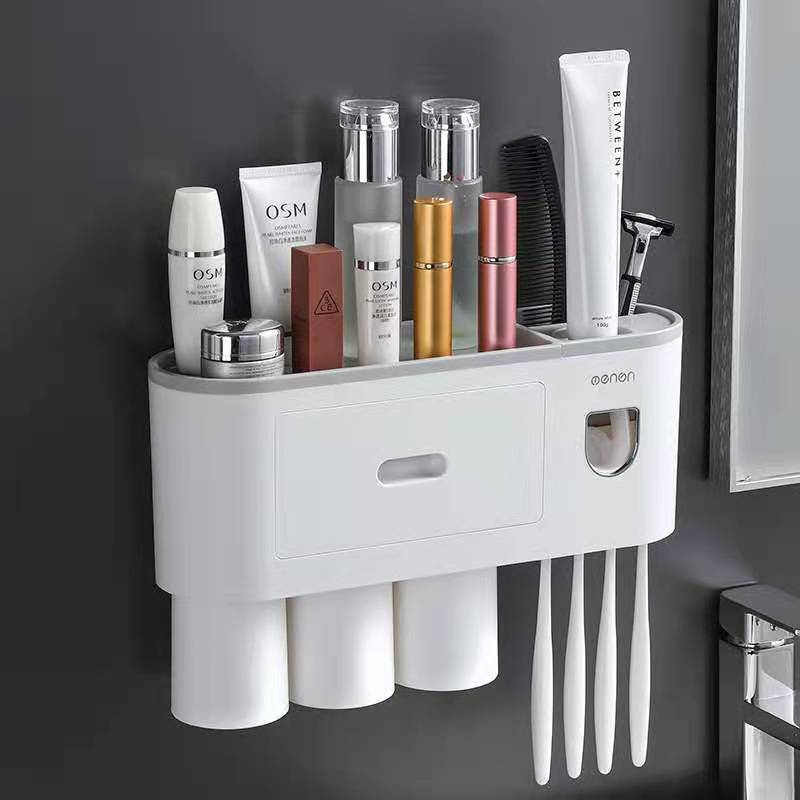 Toothbrush Holder Wall Automatic Toothpaste Squeezer Dispenser Magnetic Adsorption Inverted Cup Storage Rack Bathroom Accessorie: 3cup