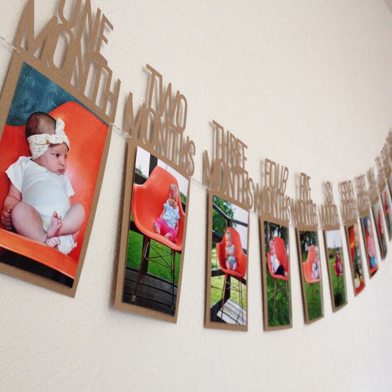 12 stuks verjaardagsfoto's van baby's, banner, babyfoto van 1-12 maanden, slinger, decoratie voor verjaardagsfeestjes