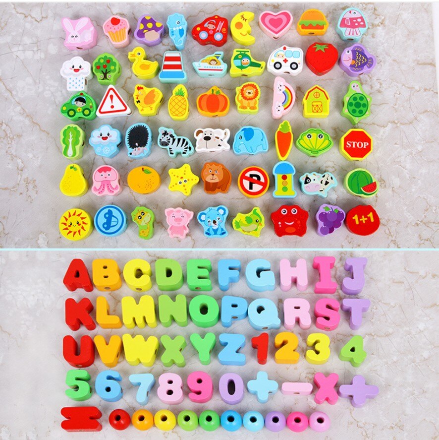 Giocattoli di legno giocattolo fai-da-te cartone animato frutta animale lettera numero Stringing infilatura perline di legno giocattolo Monterssori educativo per bambini