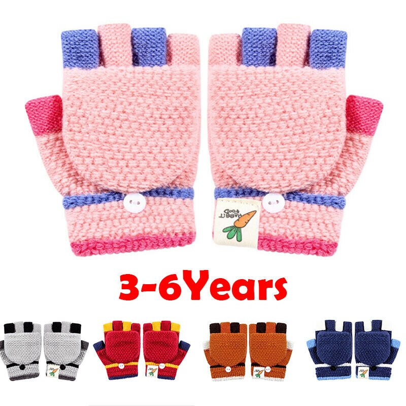 Baby Unisex Warm Gloves Kids Boys Girls Winter gloves Half Finger Flip Cover Knitting Mittens 3-6Years