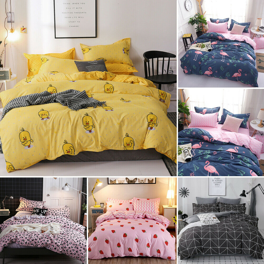 4pcs Flamingo Duvet Quilt Cover Pillowcases Bedding Set Single Double King Super