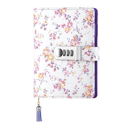 Kawaii A6 Korean lock leather notebook writing pads flower girl loose leaf password mini lockable diary school supplies: normal button pink / Cover with paper