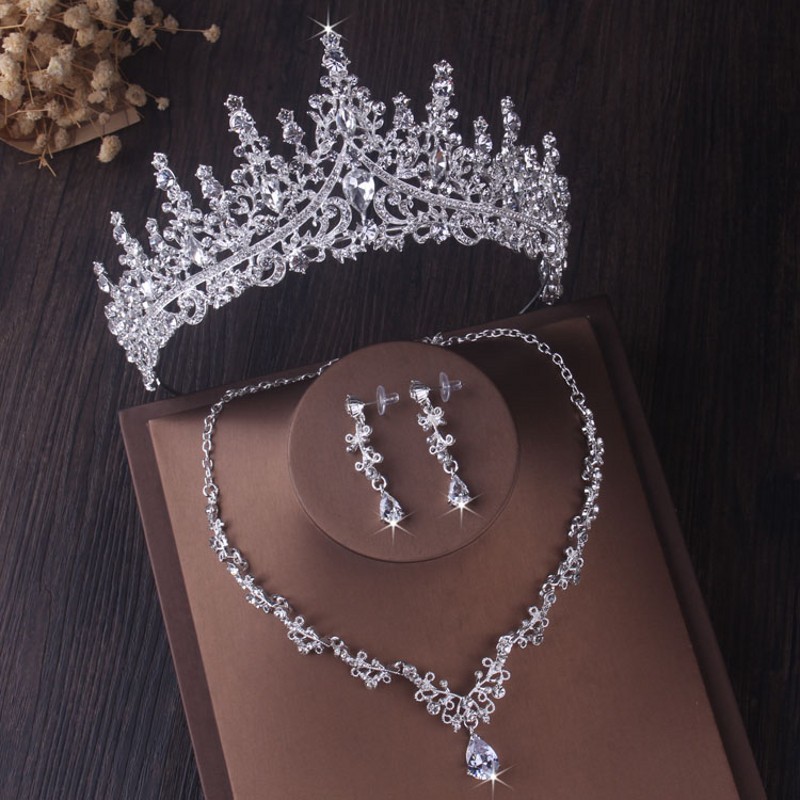 Luxe Water Zilveren Kleur Kristal Bruids Sieraden Sets Strass Tiara Kroon Ketting Oorbellen Bruiloft Dubai Sieraden Set