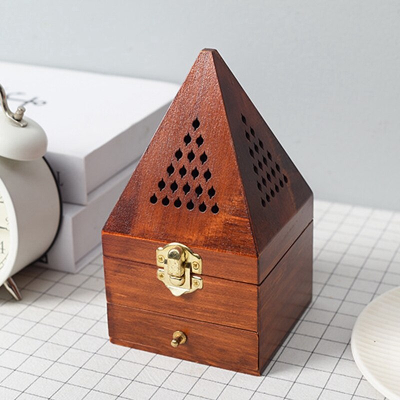 Houten Agarwood Sandelhout Doos Wierook Brander Brander Antieke Aromatherapie Brander Creatieve Piramide Hollow Wierook Doos