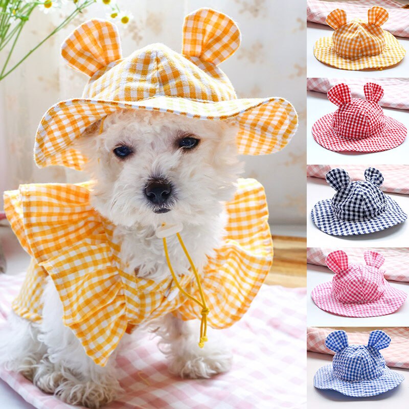 Dog Small Ear Hat Plaid Caps Shade Hat Pet Dog Cap Sun Protective Hat Summer Adjustable Cute Cap Pet Supplies