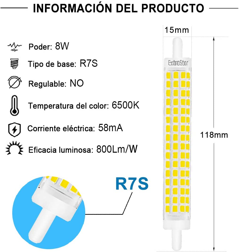ExtraStar® Bombilla LED R7S 118mm 8W (Equivalente 80W), LED R7S Luz Fría,Neutra, Cálida, 800LM, 360° Ángulo de Haz, Pack 2/6