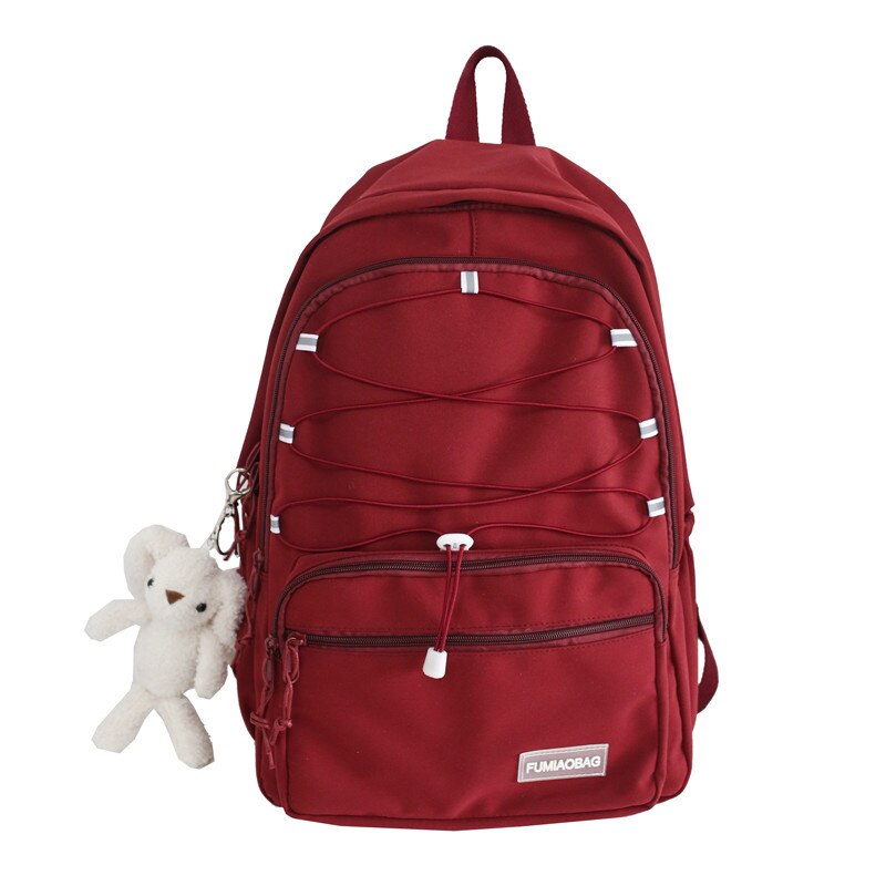 Reflective Strap Woman Nylon Backpack Waterproof Female Book School Bag For Teenage Girls College Studen Women's Travel Rucksack: Red / with pendant