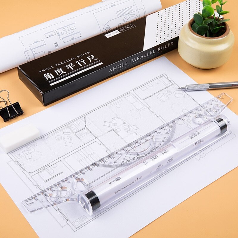 Multifunctional Plastic Measuring Drawing Rolling Ruler Parallel Ruler Drawing Ruler Tool Office Stationery