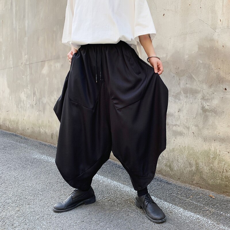 Men Dark Black Loose Harem Pant Japan Streetwear Hip Hop Punk Casual Pant Male Skirts Trousers